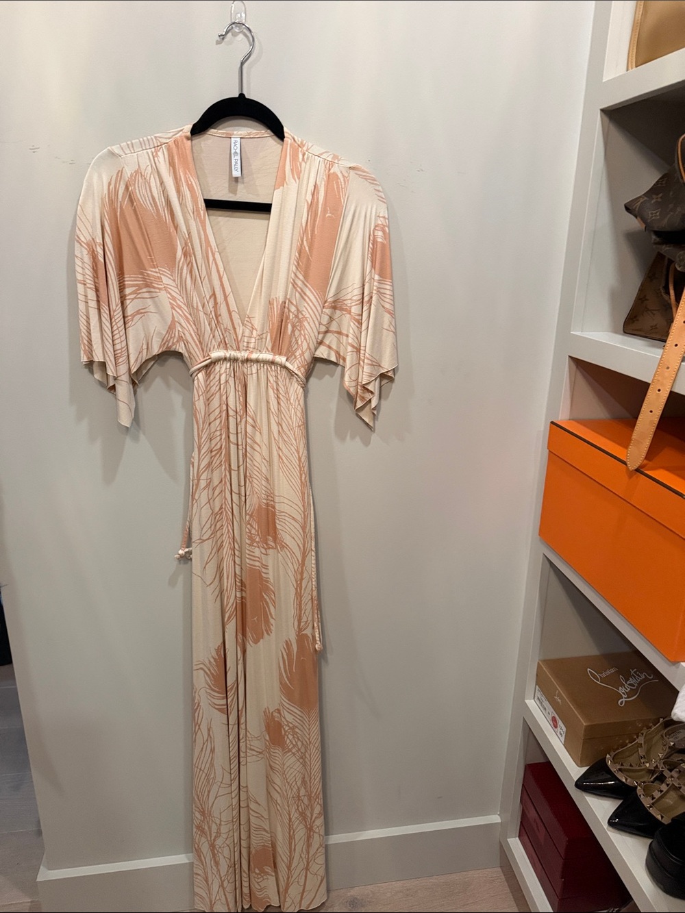 Rachel Pally Cream and Peach Palm-Print Maxi Dress